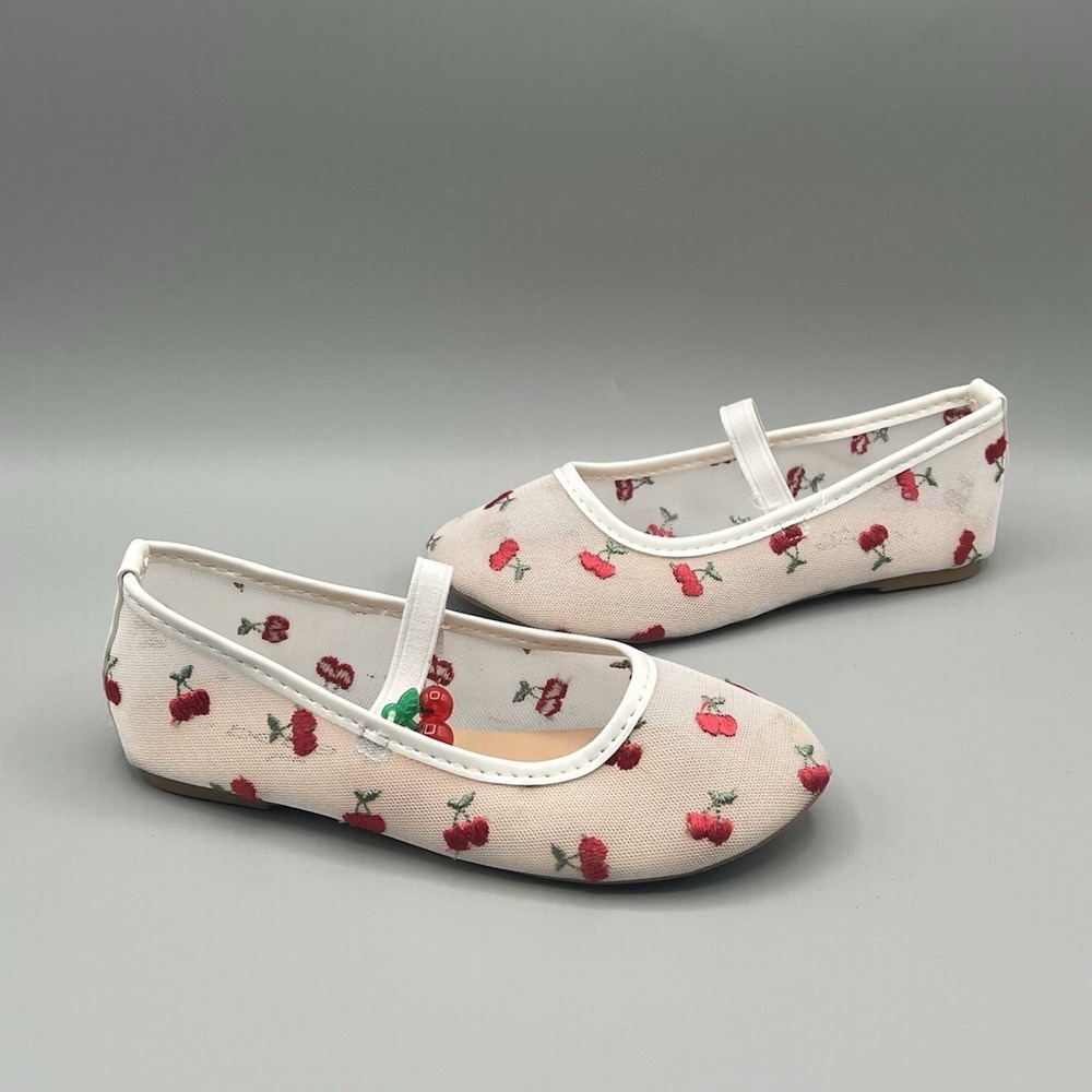 Bebe Girls White and Red Flats Slippers with Cherries - Kids‎ Youth Size 12